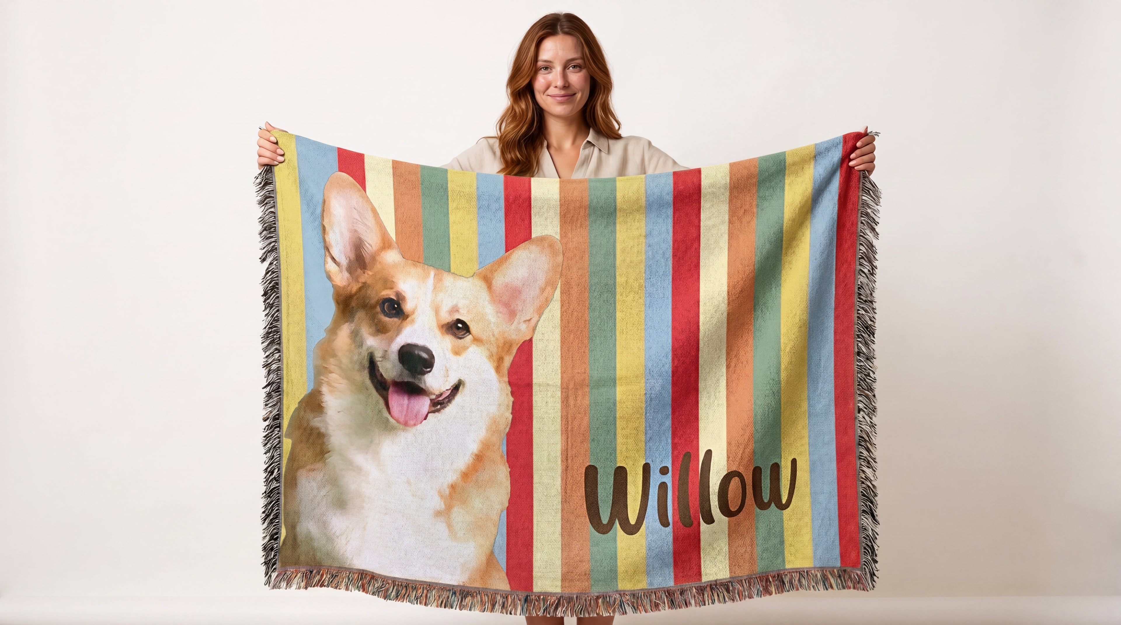 Multicolor Striped Custom Pet Artwork and Name Woven Blanket — Aspen Paws