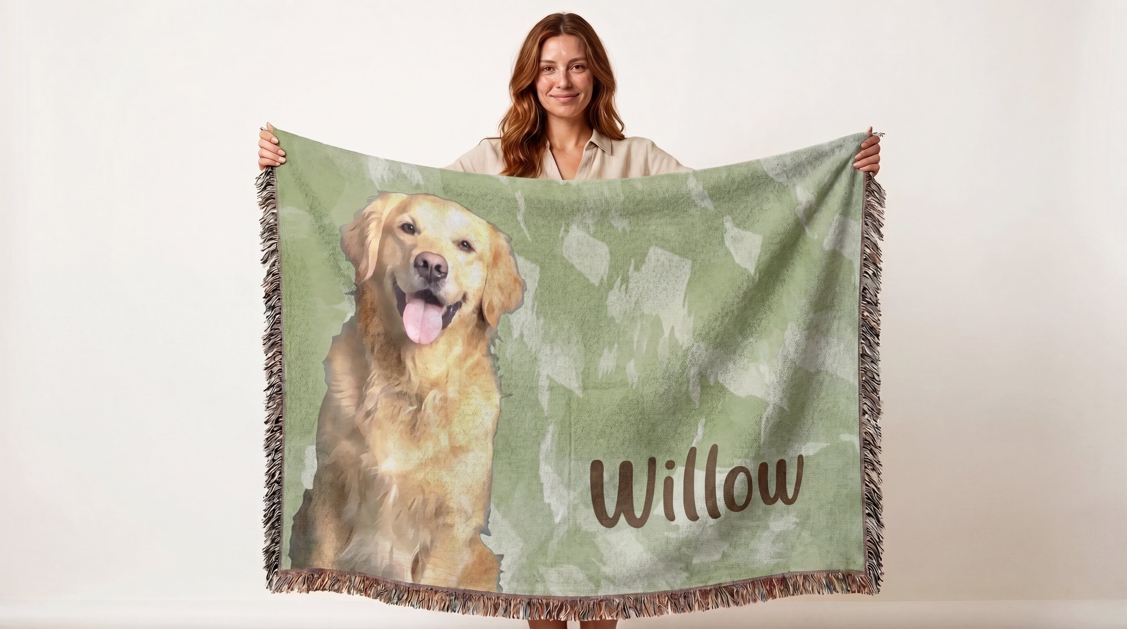Sage Green Watercolor Custom Pet Artwork and Name Woven Blanket — Aspen Paws